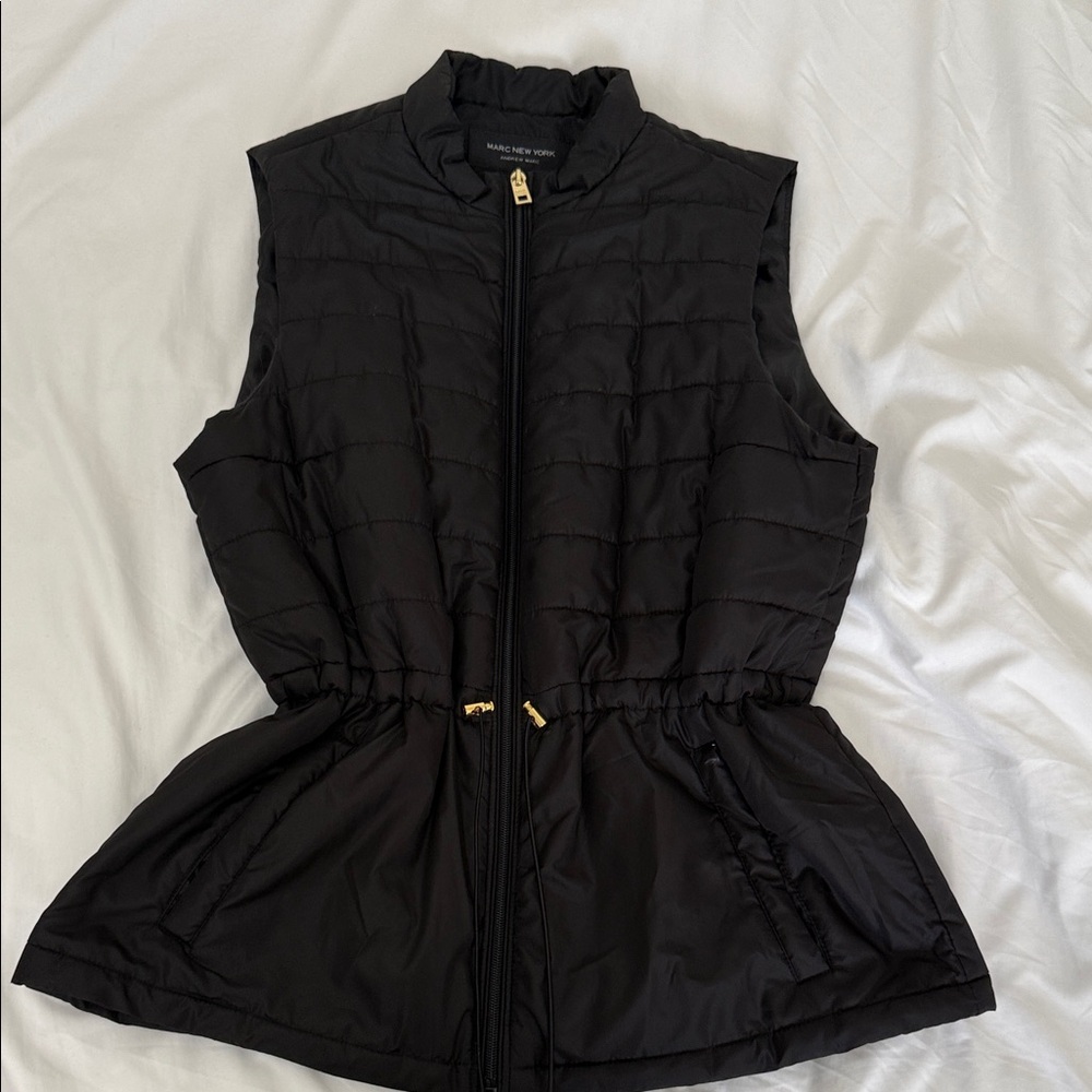 Black Marc New York Puffer Vest with Gold Accents